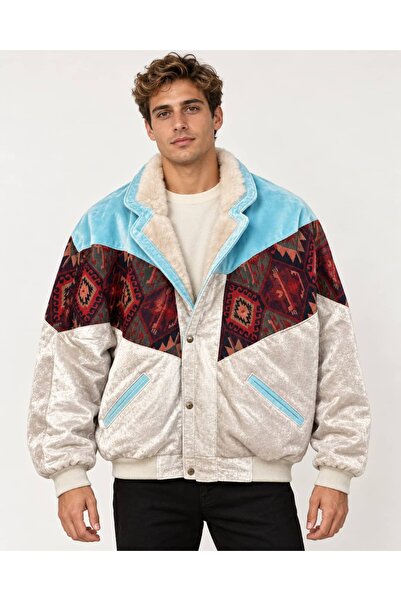 CANMODA (8092) Jachetă Recien unisex cu guler din blană, stil vintage aztec, ...