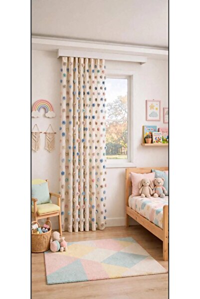 THREE'S PONPONLU ÇOCUK ODASI FON PERDE IŞIĞI SÜZER 150 X 260 DÜZ DİKİM KORNİŞ...