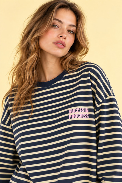 Miss Allos Women's 100% Cotton Striped Oversize Long Sleeve T-Shirt Navy Blue Yellow