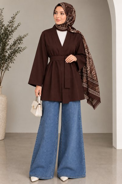 DİLEKBUTİK Beli kemerli tesettür kimono düz kol