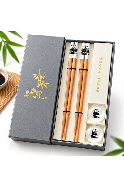 OEM Beech wood sushi chopsticks set, 2 pairs, 23 cm, with 2 Panda holders, re...