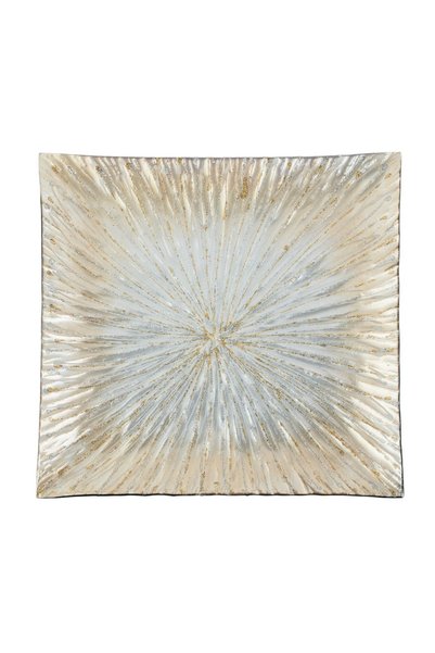 OEM Platou Decorativ de Craciun din Sticla Patrat Argintiu Bej cu Glitter 33x...