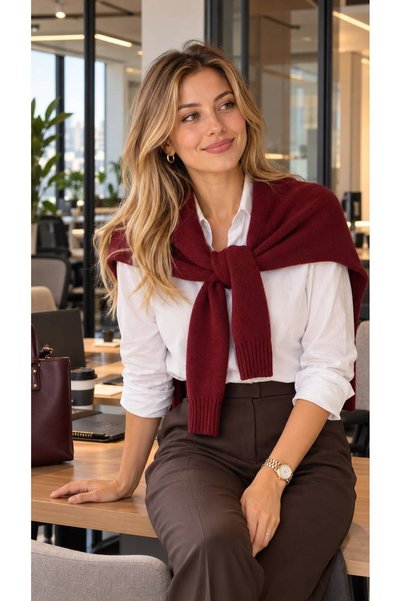MARBERRY Burgundy Soft Textured Knitwear Tie-Up Sweater Shawl 50X65 cm