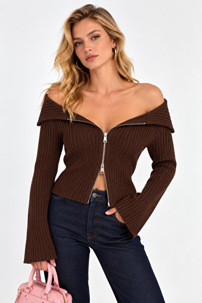 İLKCET MODA Double Zipper Brown Madonna Collar Knitwear Cardigan