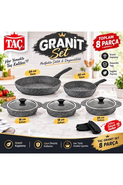 tacev Taç 8 Parça Ultra Granit Sahan ve Tava Seti 20-24 cm tava 16-18-20 cm K...