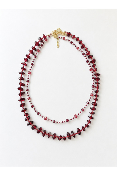 ILSA Garnet and Sand Bead Necklace Set - Red Garnet Stone, Double Layer Combination |   Melograno Set