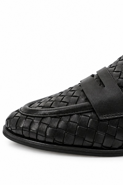 5in1Canpolat Black Leather Knitted Loafer 43702