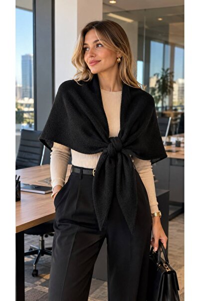 HAZAL KAYA ATELIER Black Soft Textured Knitwear Triangular Women's Shoulder S...