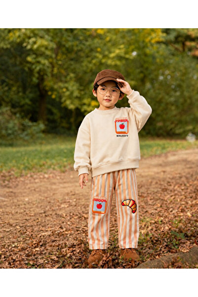 Mini Moos Unisex Bonjour Elma Reçeli ve Kruvasan Detaylı Sweatshirt & Çizgili...