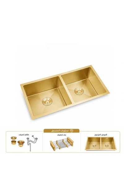 Wonderful-kitchens حوض مطبخ مقاس 88*45 سم نانو ذهبي بحوضين ستانلس ستيل 304