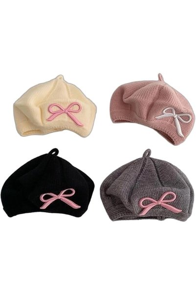 Generic Girls Knitted Beret Hat with Bow Embroidery, Beanie Cap for Kids, 4 P...