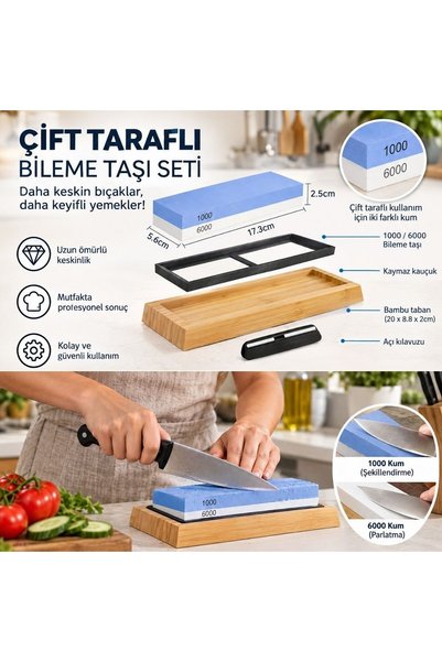 sonx 1000/6000 Kum Çift Taraflı Bıçak Bileme Taşı Seti, Bambu Tabanlı ve Açı Kılavuzlu