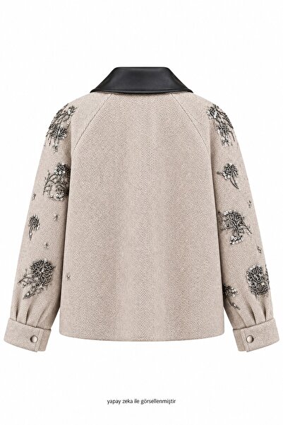 elifteke Cashmere Herringbone Leather Collar Bead Embroidered Coat Jacket Beige