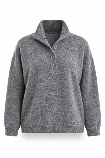 5in1Canpolat Anthracite Stand Collar Buttoned Sweater 251361