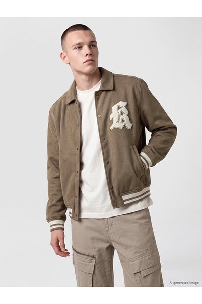 LC Waikiki Nevavm Farkıyla Xside Brown Relax Fit Embroidered Suede Men's Coat