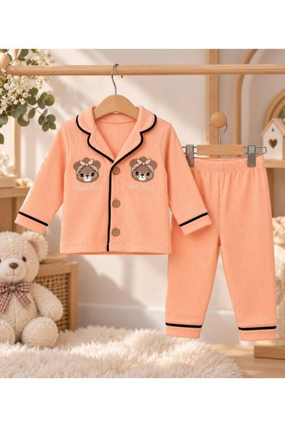 MOVAMIR BABY 100% Cotton Soft Textured Teddy Bear Patterned Long Sleeve Buttoned Baby Girl Pajama Set