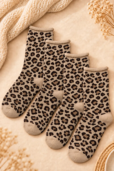 tibo 4 Pairs of Seamless Leopard Patterned Elasticless Women's Socks