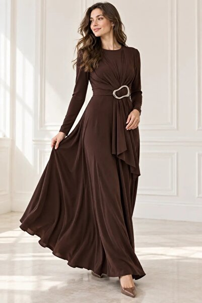 hazelin Women's Coffee Color Crew Neck Buckle Draped Long Sleeve Dress Hzl28W...
