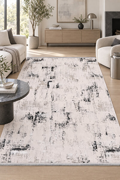 Sorrel Krem Gri Salon Oturma Odası Halısı Robot Süpürge Uyumlu Kolay Temizlenebilir Polyester İnce Dokulu Modern Halı