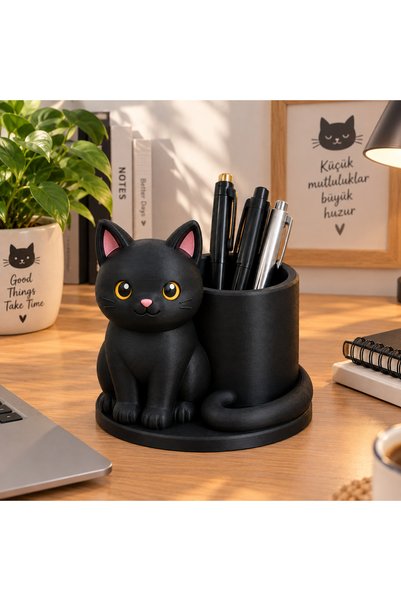 Kedi Figürlü Kalemlik Siyah Masaüstü Organizer Dekoratif Kalem Kutusu-Ataşlık 110x120x115 mm