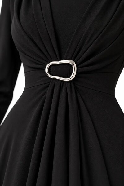 hazelin Women's Black Crew Neck Buckle Draped Long Sleeve Dress Hzl28W-Wm572