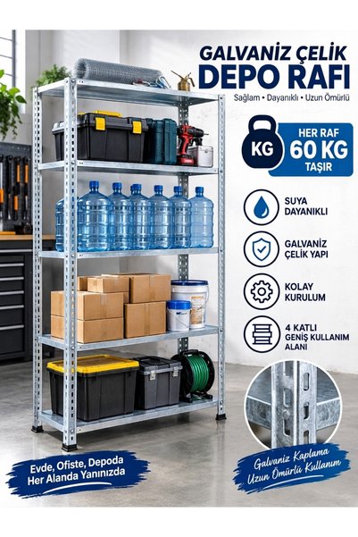 ALANRAF Çelik Raf 5 Katlı 59x93x200 Dekoratif Raf Sistemleri, Depo rafı, Arşi...