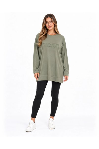 İkoll Kadın Bisiklet Yaka Yazı Baskılı Düşük Omuzlu Oversize Sweatshirt HAKİ