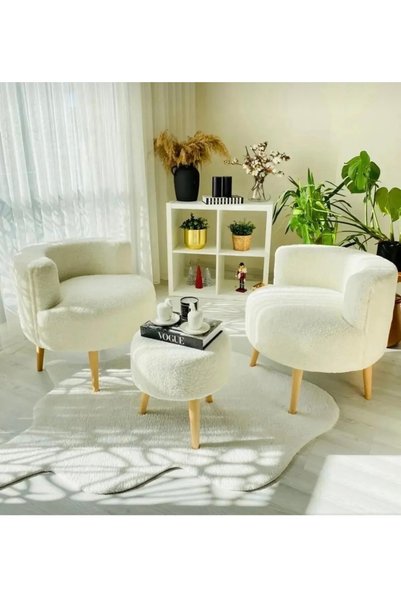 ADANUR DESIGN Çayseti İkili Koltuk Berjer ve Puf Takımı Krem