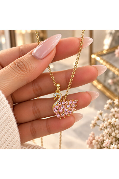 stainles steel Pembe Taşlı Kuğu Figürlü Kadın Kolye – Gold Renk