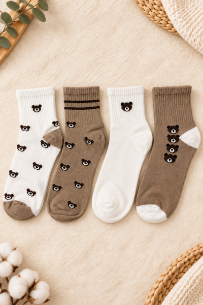 tibo 4 Pairs of Women's Short Socks with Seamless Toe and Teddy Bear Design