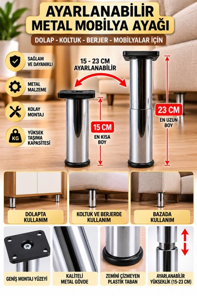Genel Markalar 15 - 23 CM AYARLANABİLİR METAL MOBİLYA ORTA DOLAP KOLTUK BERJE...