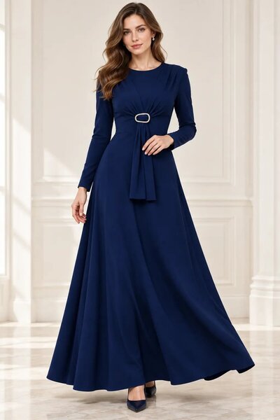 hazelin Women's Navy Blue Crew Neck Buckle Draped Long Sleeve Dress Hzl28W-Wm572