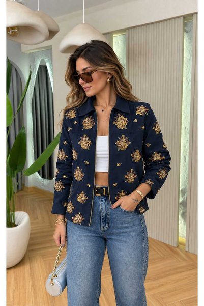 By Ezgi Kılıç Navy Blue Sequin and Bead Embroidered Jacket