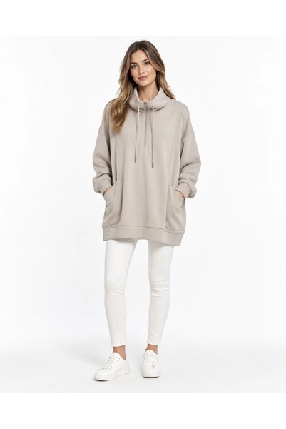 İkoll Kadın Kapüşonlu Yarım Fermuarlı Cepli Oversize Sweatshirt Tunik BEJ
