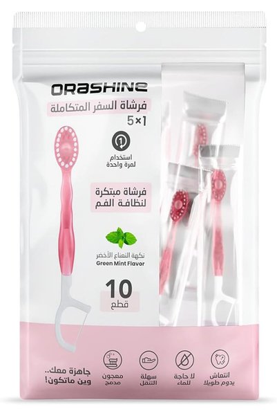 Orashine فرشاة أسنان للسفر 5 في 1 للاستخدام مرة واحدة للعناية بالفم مع خيط أس...