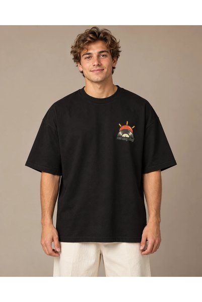 CANMODA Tricou unisex cu imprimeu minim Black Sun and Plaque