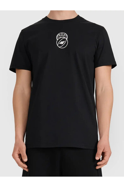 4F Tricou esențial de bărbați din bumbac, croială regulară, guler rotund, neg...
