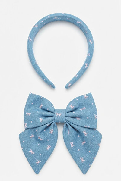 Jaida Moda Blue Denim Look Bow Patterned Hair Crown and Bow Hair Clip Set - 2...
