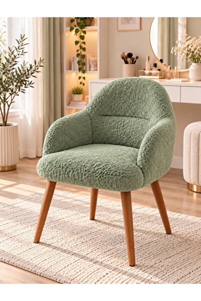 PufyHome Diva Teddy Kumaş Makyaj Sandalyesi ve Çalışma Sandalyesi Gürgen Ahşa...