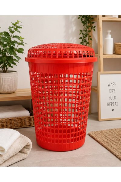 Home By SS RED Plastic Round Laundry Basket with Lid | Large 60L Clothes Stor...