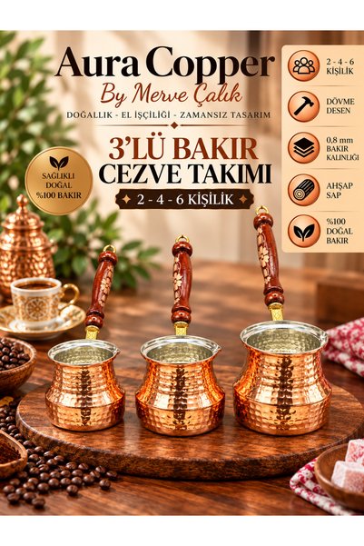 AURA COPPER 3-Piece Copper Coffee Pot Set for 2-4-6 People, Turkish Coffee Pot