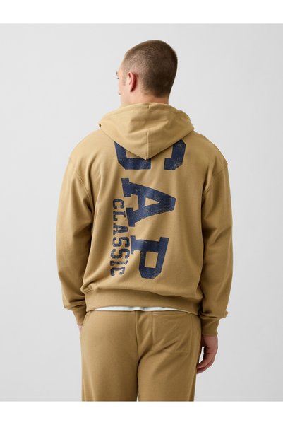 GAP Erkek Açık Kahverengi Relaxed Logo Fransız Havlu Kumaş Fermuarlı Sweatshirt