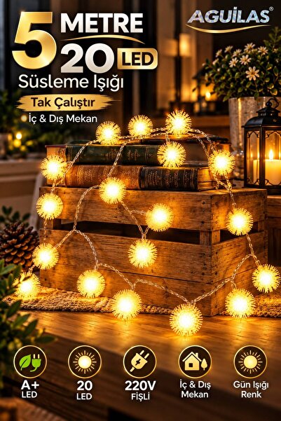 AGUILAS 5 Metre 20 LED Ponpon Dekoratif Süs Işığı 220V Fişli Gün Işığı – Ev B...