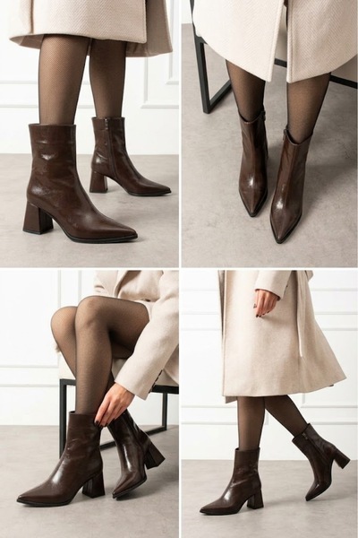 diya shoes Cizme cu toc la gleznă, din piele neagră, cu vârf ascuțit, pentru ...