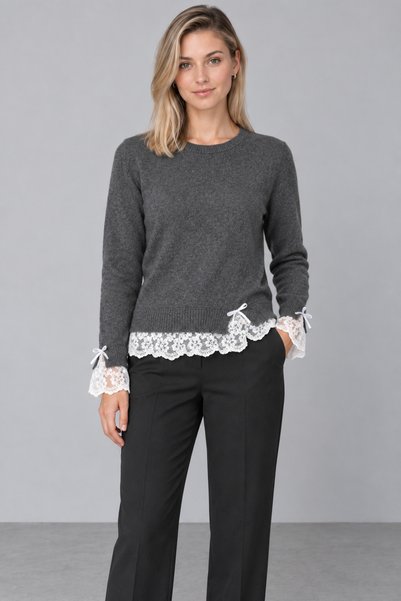Lupies Women's Knitwear Sweater with Lace on Sleeves and Hem