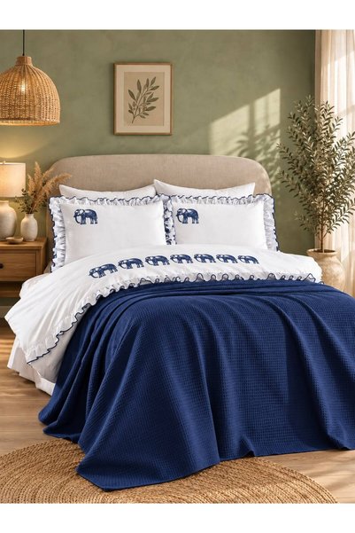İK TEKSTİL Knitwear Blanket Navy Blue Elephant Embroidered 100% Cotton Double 7-Piece Duvet Cover Set