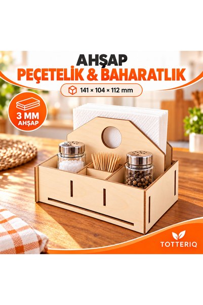 TOTTERİQ Ahşap Peçetelik ve 2 Bölmeli Baharatlık Organizer Demonte ahşap