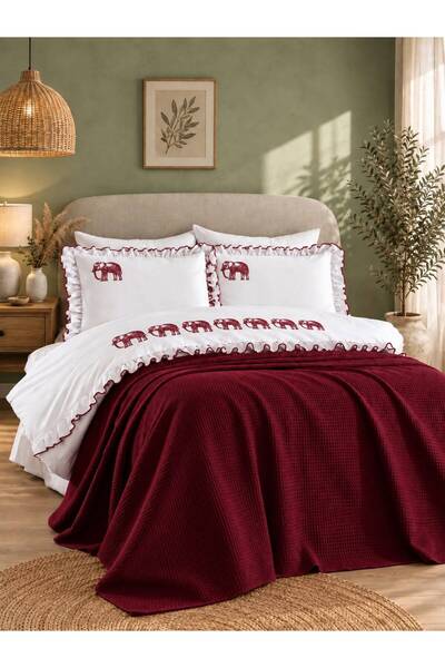 İK TEKSTİL Knitwear Blanket Burgundy Elephant Embroidered 100% Cotton Double 7-Piece Duvet Cover Set
