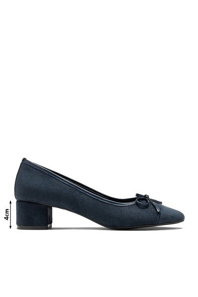 livendi Bella Women's Navy Blue Suede Bow Detailed Round Toe 5.5 cm Short Thick Heeled Shoes
