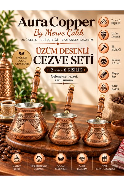 AURA COPPER 3-Piece Copper Coffee Pot Set for 2-4-6 People, Turkish Coffee Pot